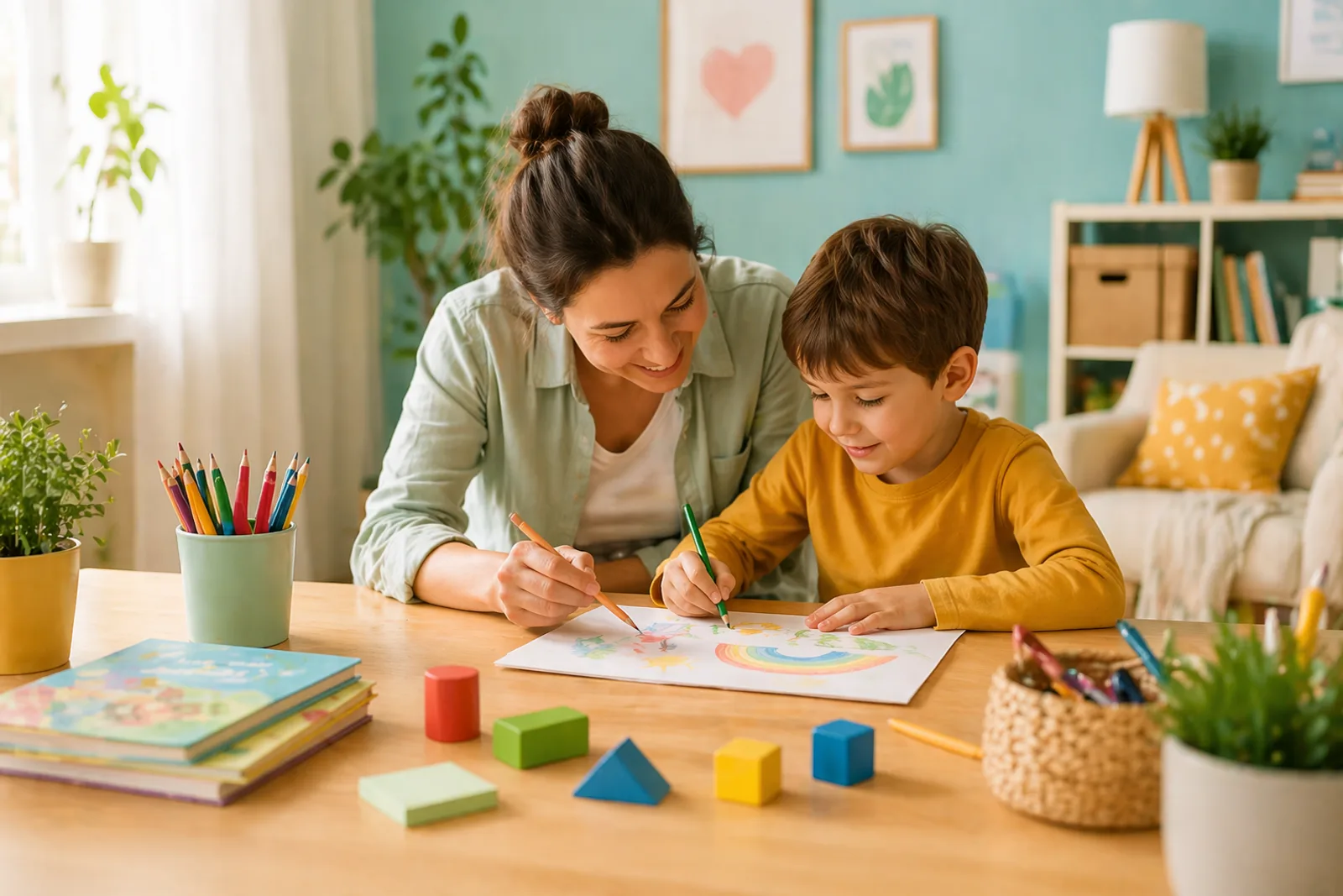 Mother painting with her son
