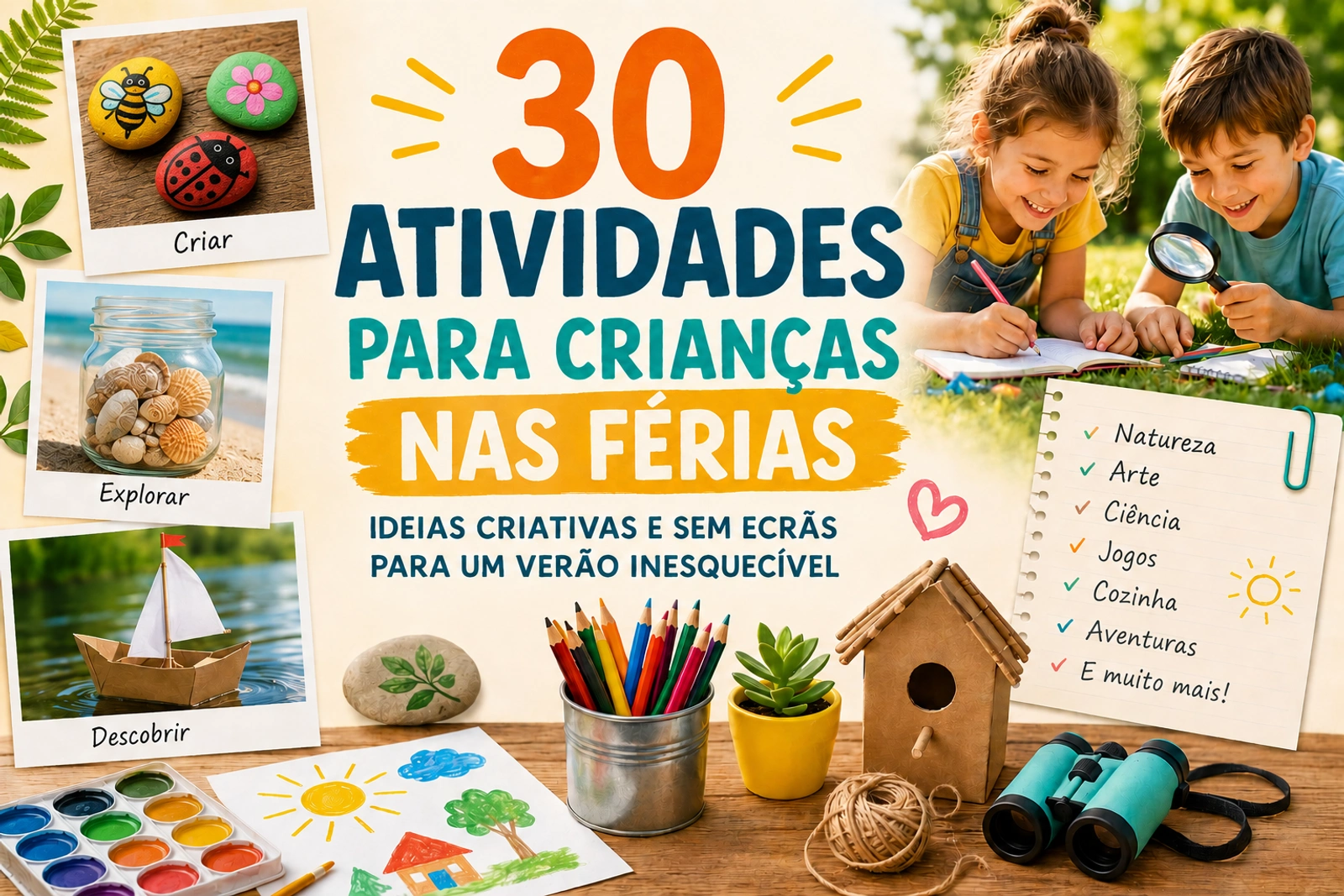 Atividades criativas para crianças nas férias que promovem aprendizagem, autonomia e diversão sem ecrãs.